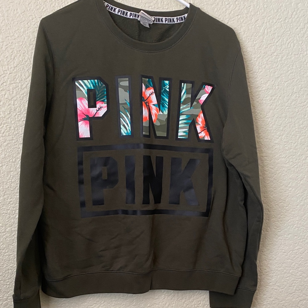 PINK Victoria's Secret Floral Logo Olive Sweater